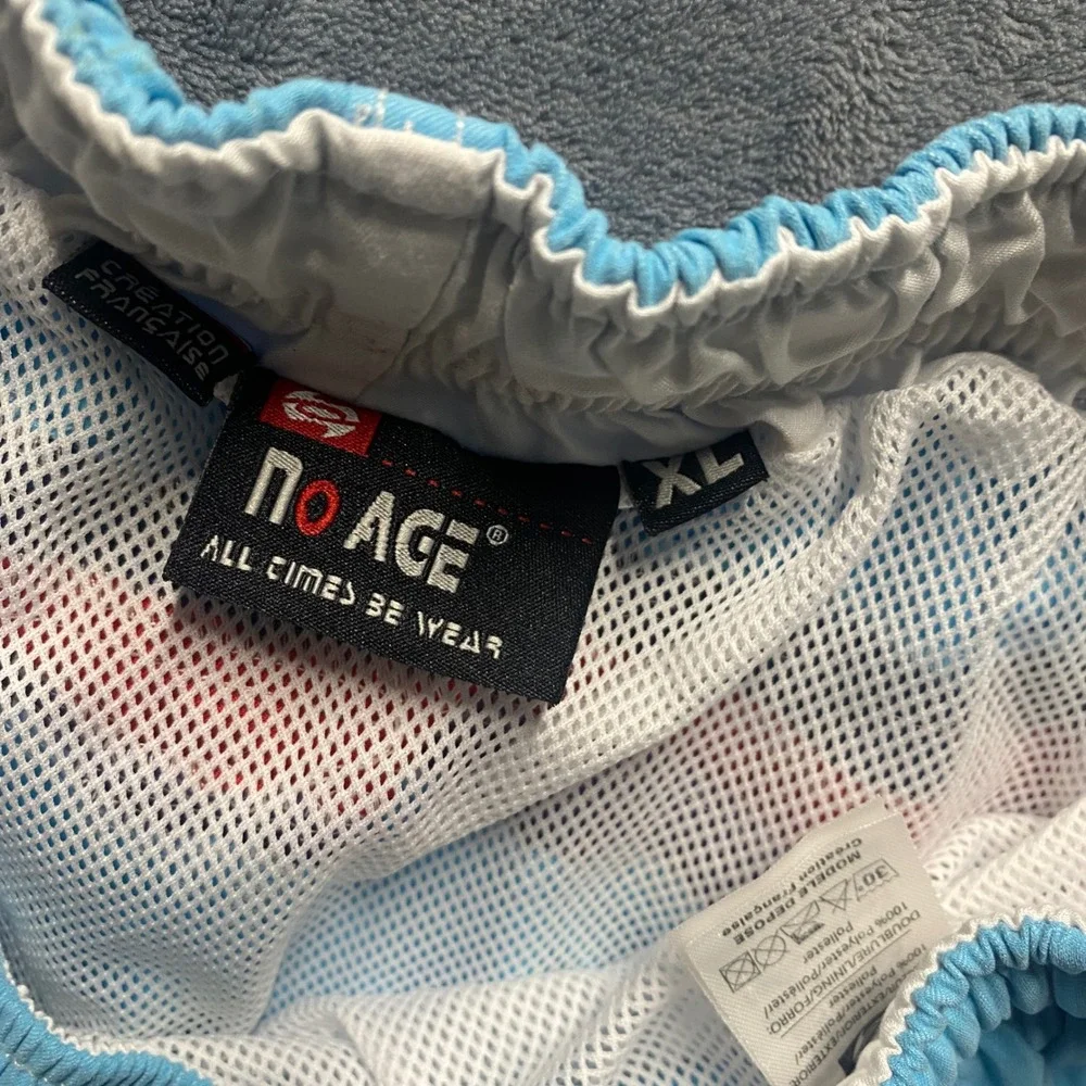 No Age Swim Trunks Mens XL Light Blue Striped Board Shorts Retro Mesh Lined